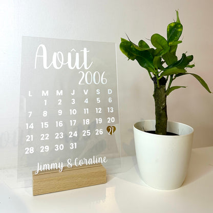 Plexiglas "Calendrier" avec date personnalisée pour couple, parent, amitié